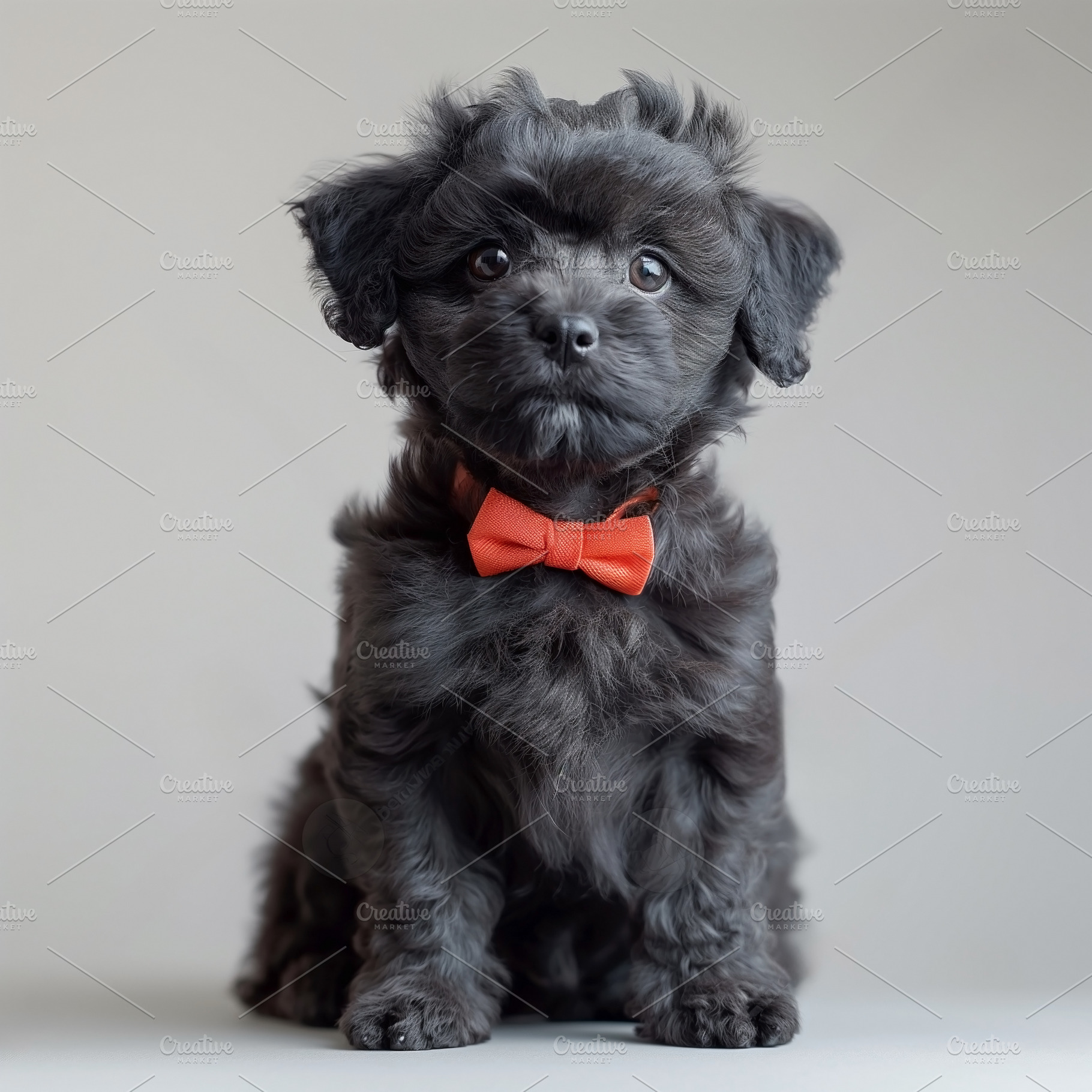 A charming black puppy wearing a stylish orange bow tie, sitting gracefully aga, an Animal Photo by ImageMir