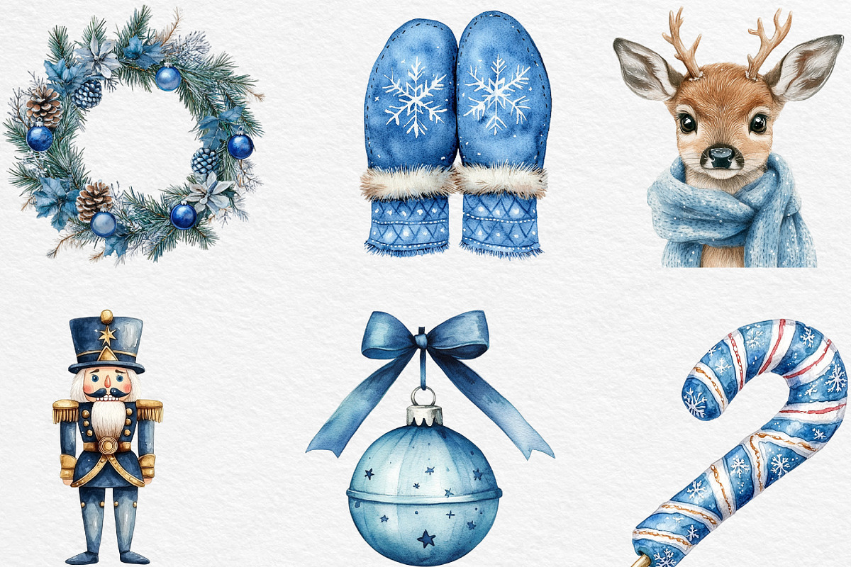 Watercolor Blue Christmas Clipart, an Illustration by Black Bird Studio (Photo 5 of 6)