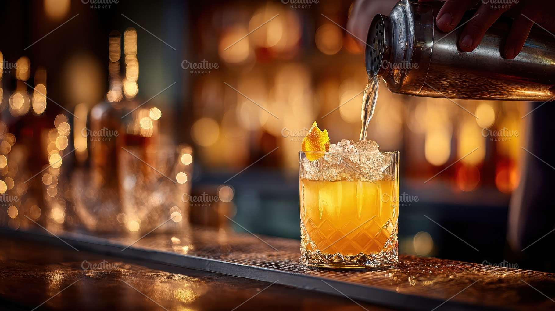 Bartender pouring cocktail into rock, a Photo by Pixeness Studio
