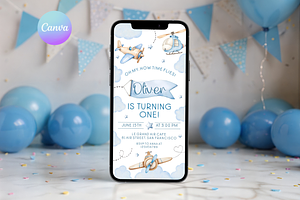 Vintage Plane 1st Bday Digital Evite, a Templates & Theme by VeliusCreativeStudio