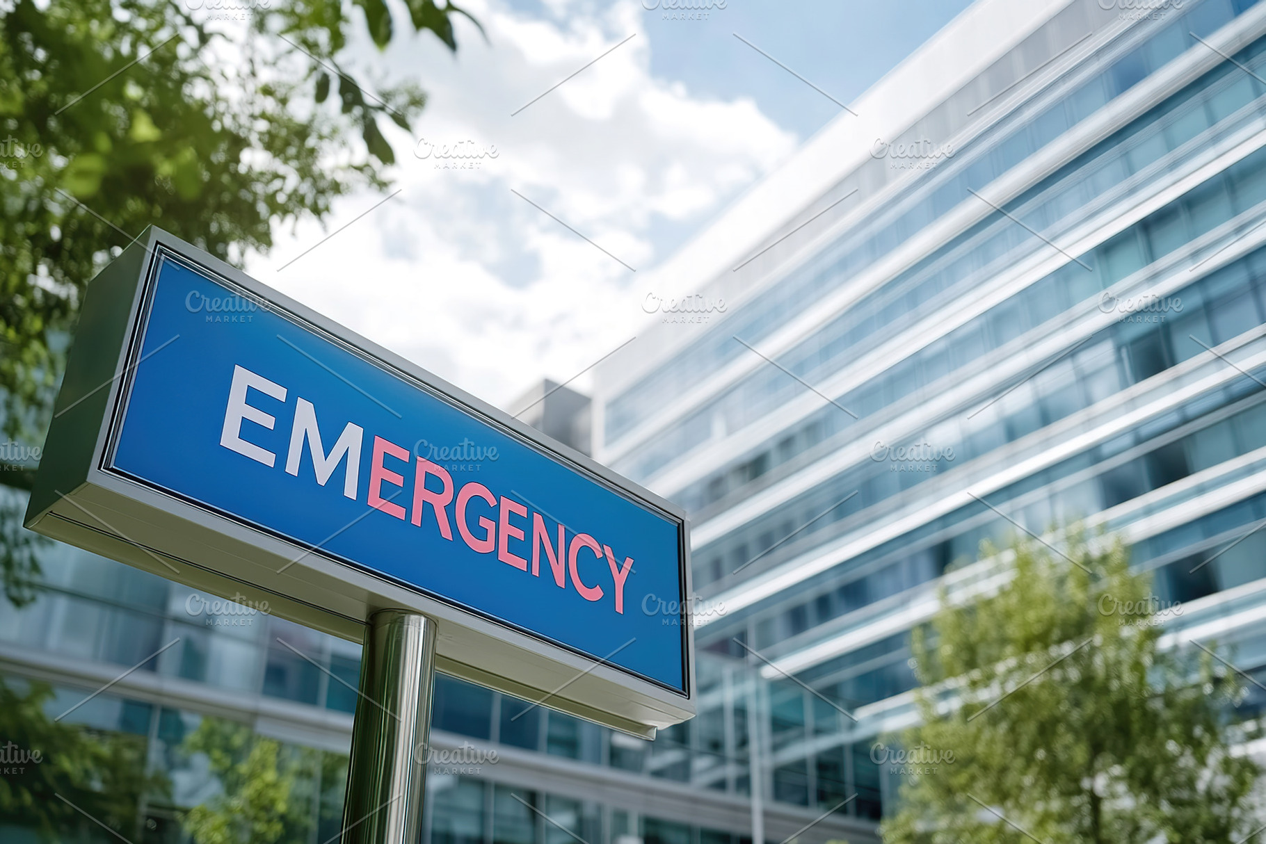 Emergency entrance sign outside a modern hospital building, an Architecture Photo by AlyaAnd