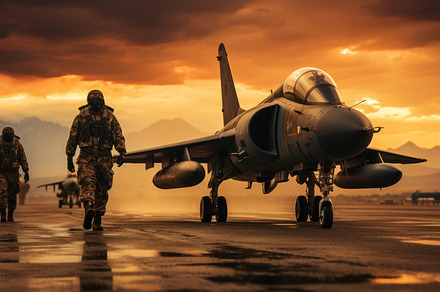 Military aircraft on the runway at sunset. Military air concept., a Transportation Photo by AS photostudio