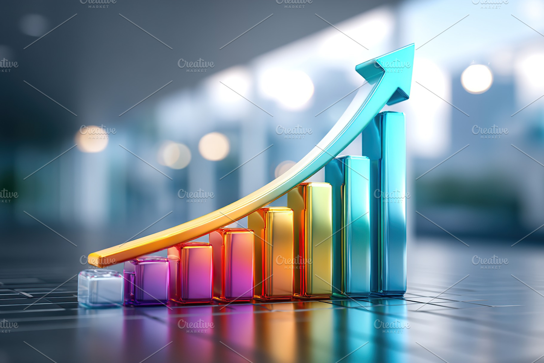 Vibrant bar graphs showcase growth with a dynamic arrow in a business environme, a Business Photo by AlyaAnd