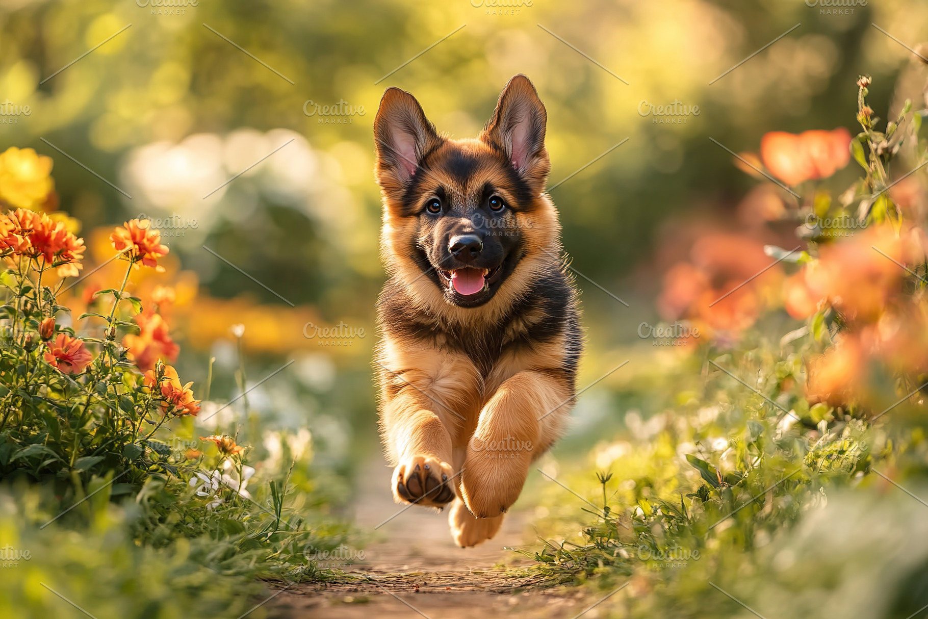 Cute german shepherd puppy running between the flower rows in th, a Photo by AlyaAnd