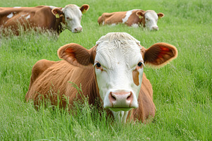 Cows on green field on a farm, an Animal Photo by AlyaAnd