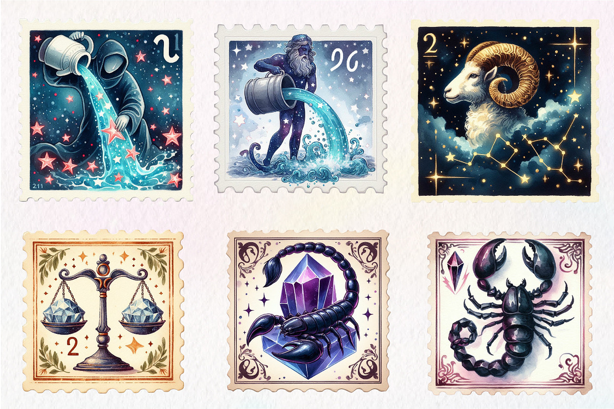 Zodiac Postage Stamps Clipart, an Illustration by CreationArt (Photo 4 of 5)