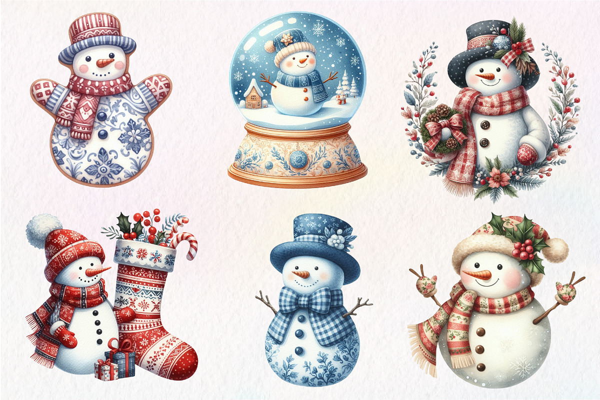 Christmas Blue Toile Snowman Clipart, an Illustration by Dream Creation (Photo 2 of 7)