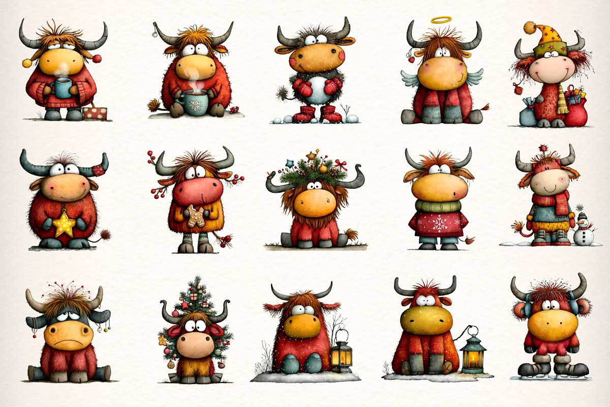 Funny Christmas Highland Cow Clipart, an Illustration by Dream Creation (Photo 3 of 7)