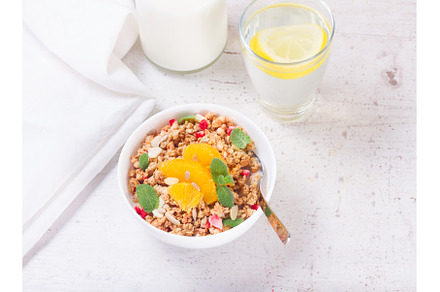 Healthy breakfast with granola, a Food & Drink Photo by Neirfy