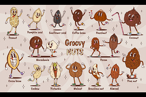 Groovy nut, seed, bean characters, a Food Illustration by Buch&Bee