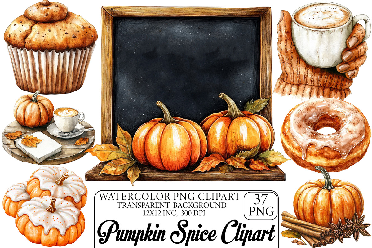 Watercolor Pumpkin Spice Clipart, an Illustration by DreamPrint404 (Photo 1 of 6)