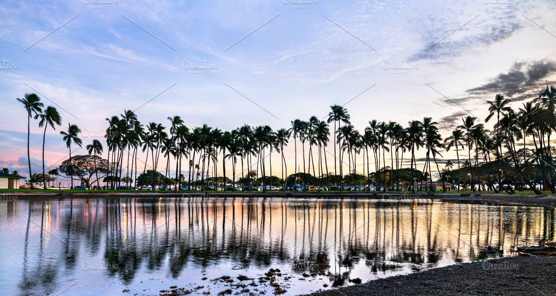 Sunset over palm trees at Ala Moana Beach in Honolulu, Hawaii, a Nature Photo by Leonid Andronov