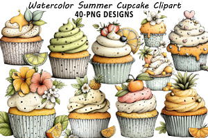 Watercolor Summer Cupcake Clipart, an Illustration by Daily.Designs