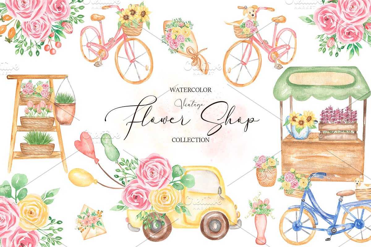 Watercolor Flower Shop Set, a Decorative Illustration by MayaNavits (Photo 1 of 6)