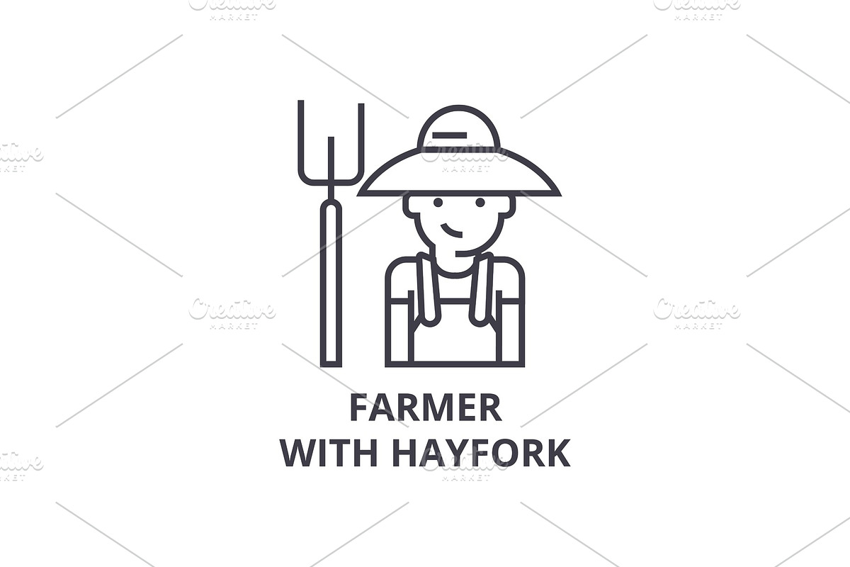 farmer with hayfork line icon, outline sign, linear symbol, vector ...