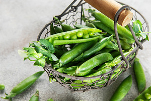 Fresh green peas pods in metal basket harvesting concept, a Food & Drink Photo by Olena Rudo