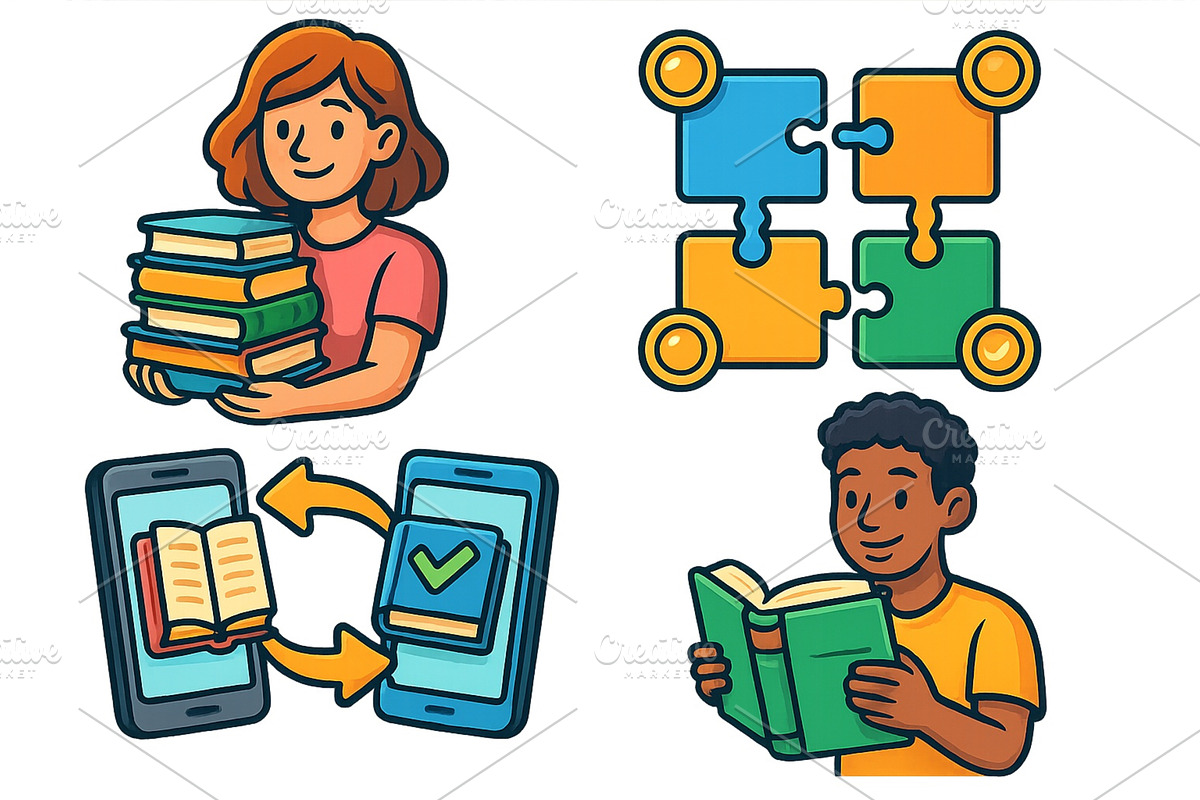 Learning activities at a library, an Education Illustration by ZinetroN