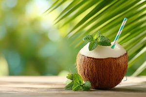 Refreshing coconut drink served in a natural coconut shell with mint leaves, a Food & Drink Photo by AlyaAnd