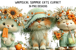 Whimsical Summer Cats Clipart, an Illustration by Daily.Designs