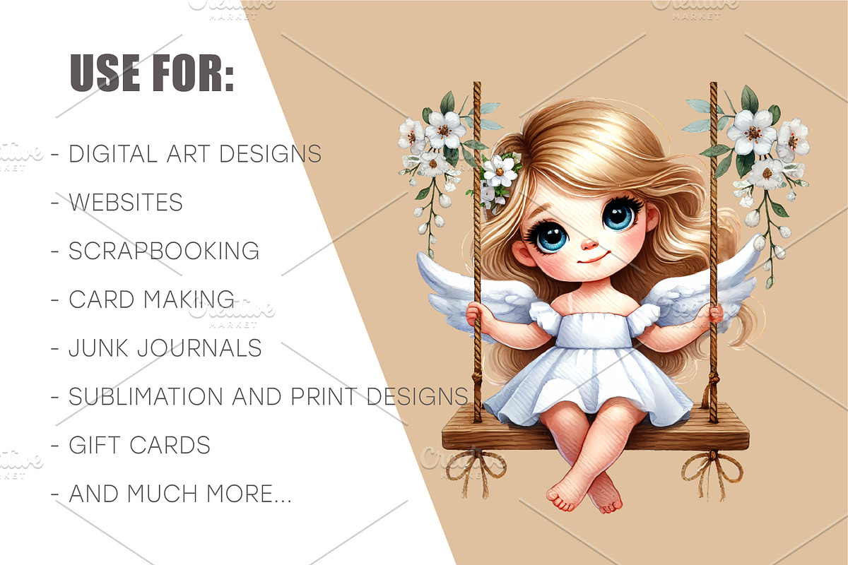 Cute Angel on Swing. Clipart, PNG., an Animal Illustration by KENO Mascots (Photo 8 of 8)