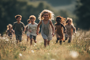 Happy children run through field of, a Photo by Pixeness Studio