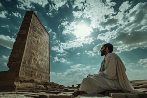 A man in traditional attire sits in front of an ancient stone monument with hie, a Person Photo by Textures & Backgrounds