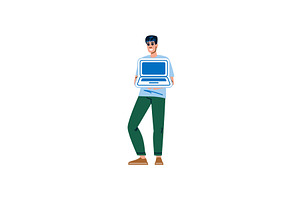 Smiling man holding laptop promoting, a Technology Illustration by pikepicture