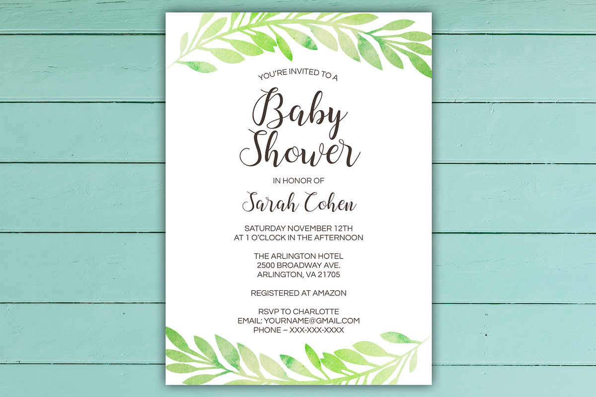 Green Leaf Baby Shower Invite Set, a Stationery Template by BF Studios (Photo 3 of 3)