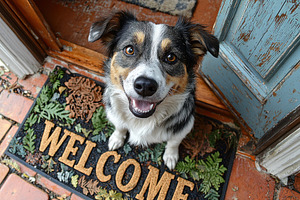 Happy dog sitting on a colorful welcome mat in front of rustic b, an Animal Photo by José Manuel Gelpi