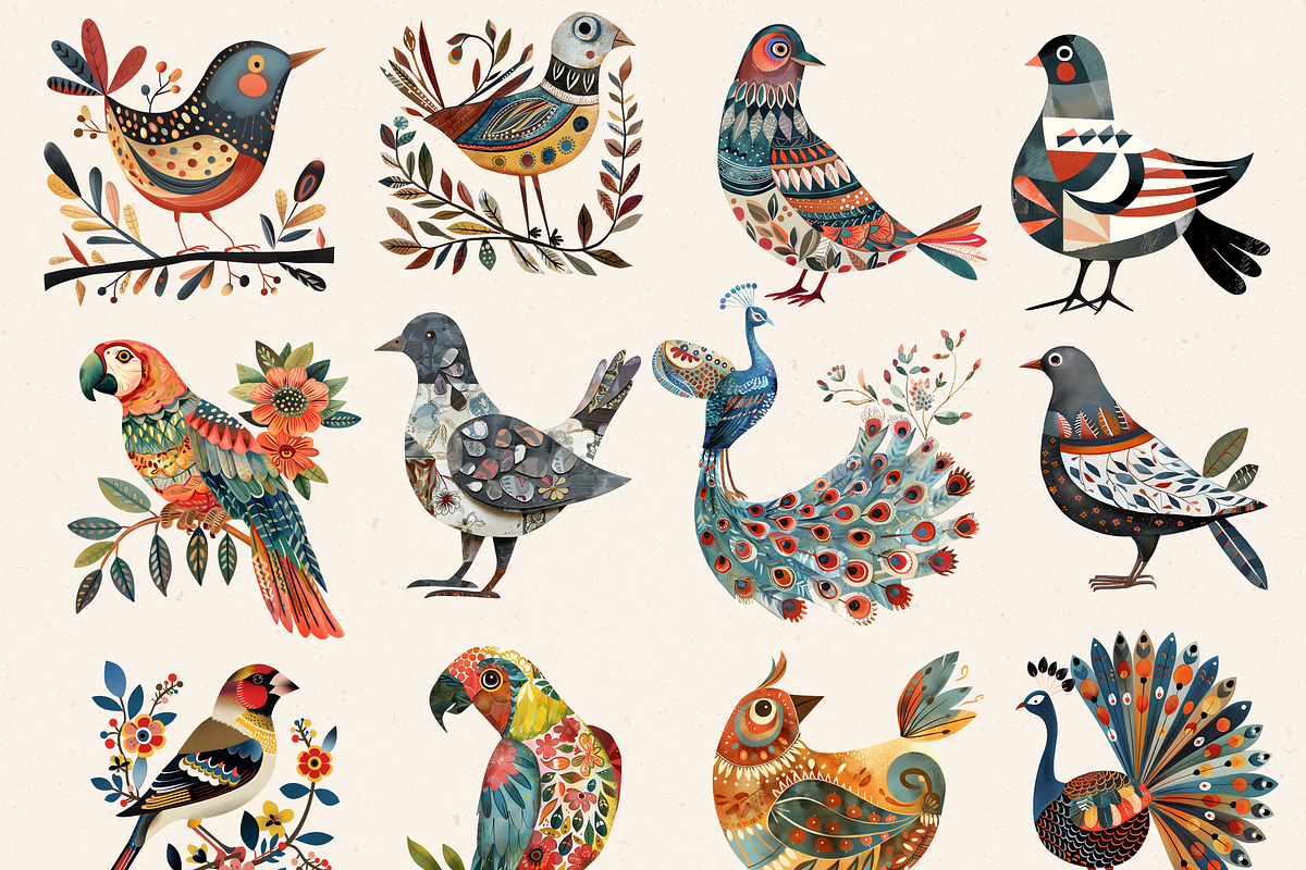 FOLK ART BIRDS CLIPART PACK, an Animal Illustration by Daring Digies (Photo 2 of 10)