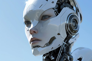 AI robot head on blue background, a Technology Photo by AlyaAnd