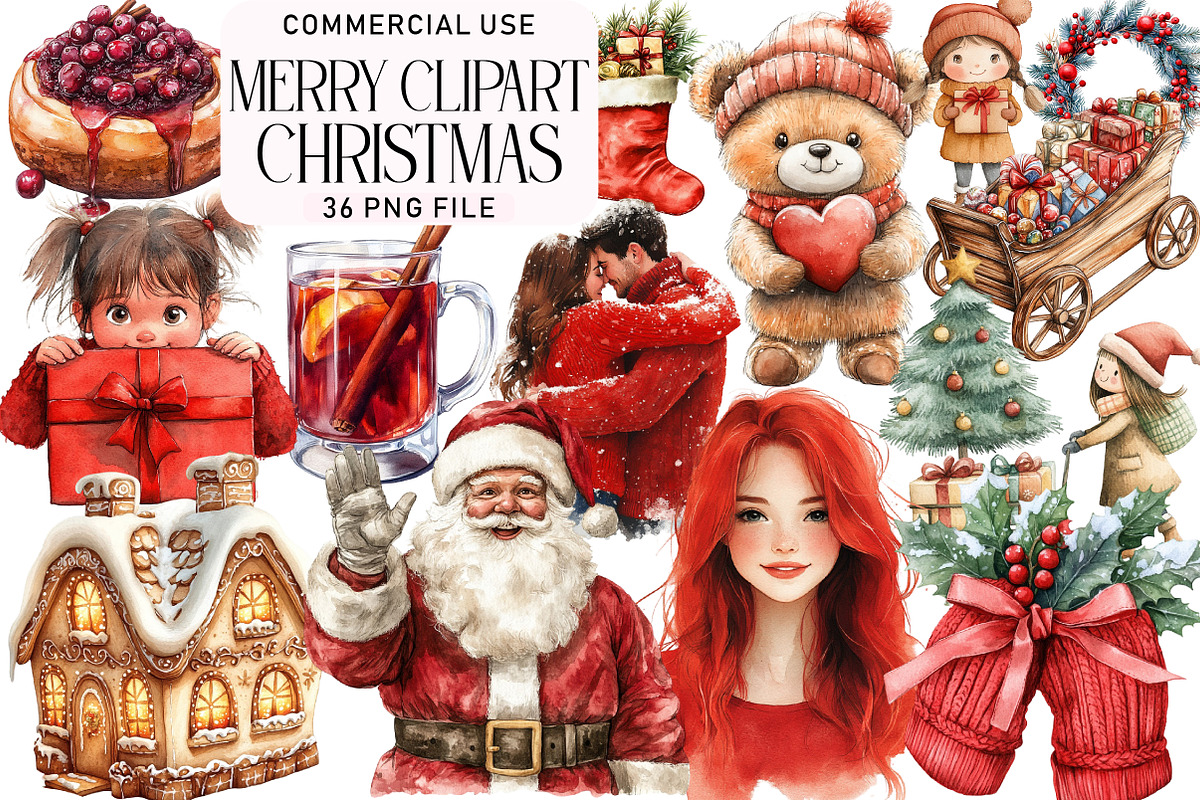 Watercolor Merry Christmas Clipart, an Illustration by Daily.Designs (Photo 1 of 4)
