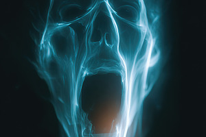 Ethereal figure with a haunting expression in dark, mystical surroundings, a Photo by AlyaAnd