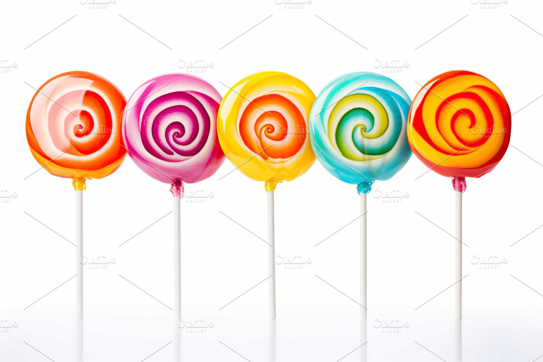 Colorful rainbow lollipops on white background, a Food & Drink Photo by AlyaAnd