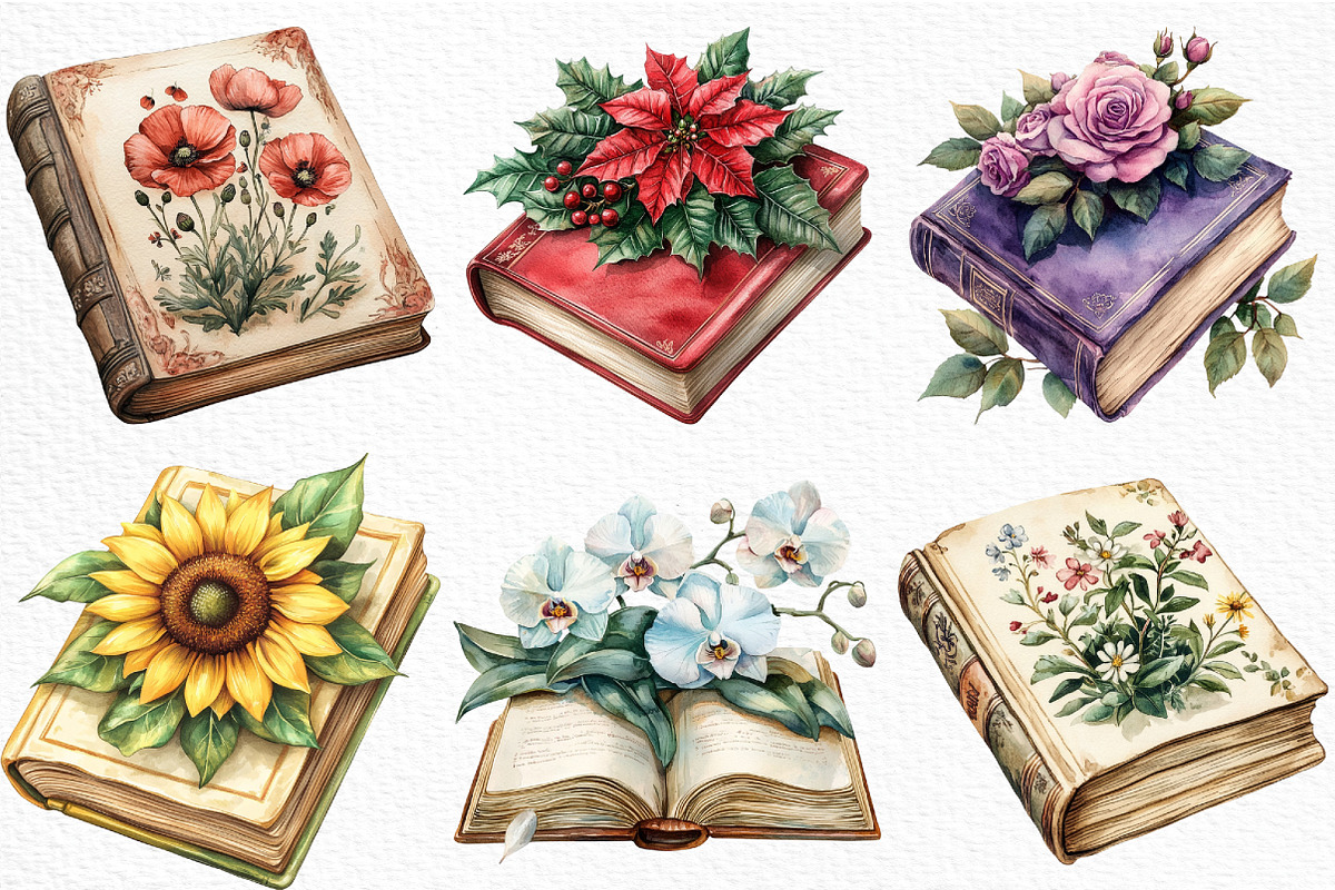 Watercolor Retro Floral Book Clipart, an Illustration by Craft Nest (Photo 4 of 6)