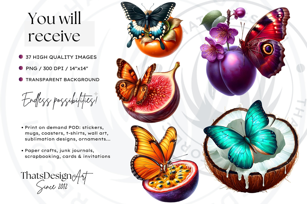 Vibrant Butterfly and Fruit Cliparts, an Animal Illustration by ThatsDesignArt (Photo 2 of 10)