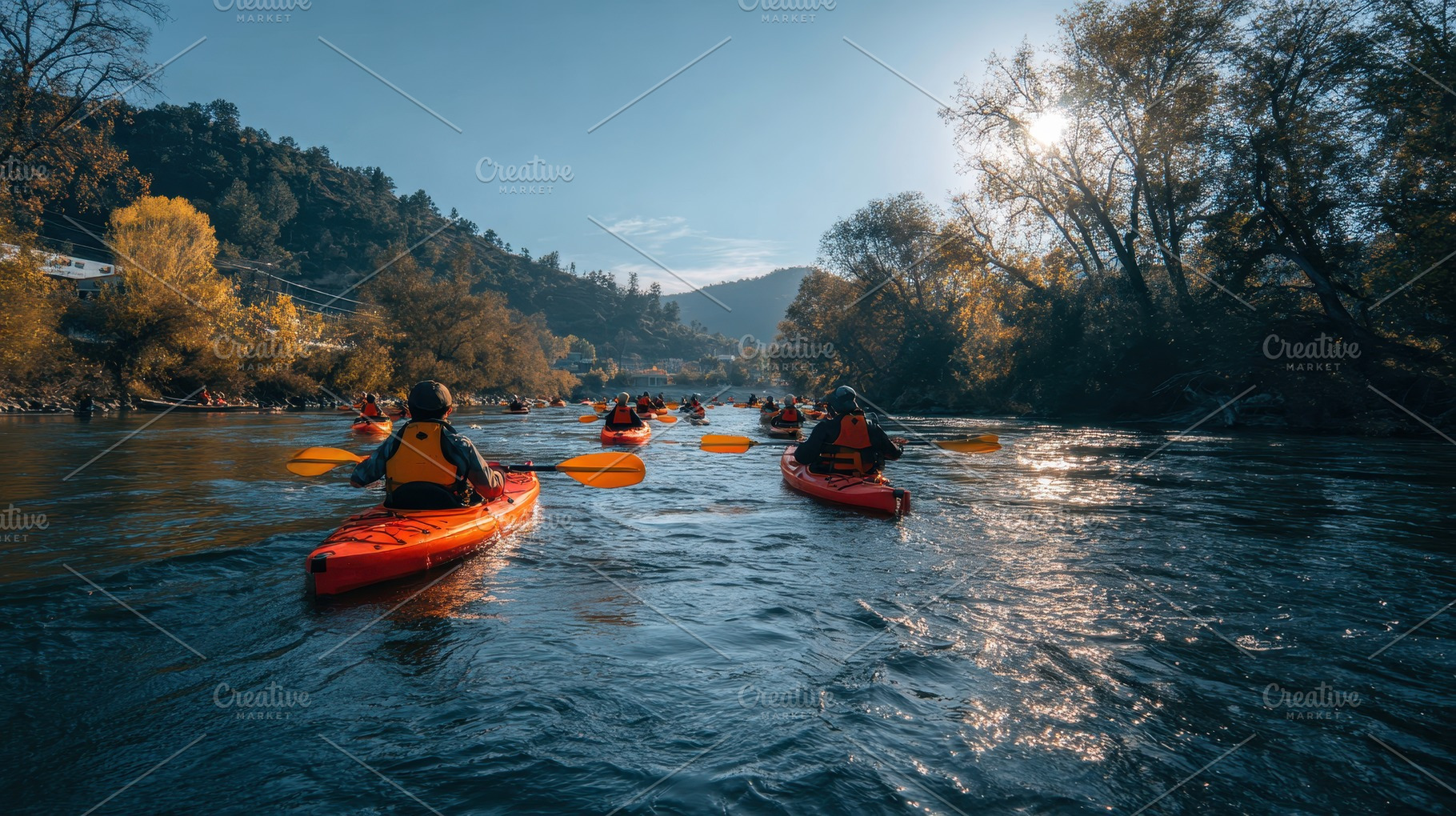 Group of people paddling in kayaks, a Photo by Pavel_design