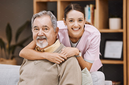 Healthcare, support and doctor with a senior man for medical attention, consulting and nursing from a house. Trust, hug and portrait of a caregiver with support for an elderly patient in retirement, a Photo by Peopleimages.com