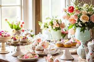 Birthday tablescape or candy bar with sweets, Birthday cake and, a Holiday Photo by Studio ANNA
