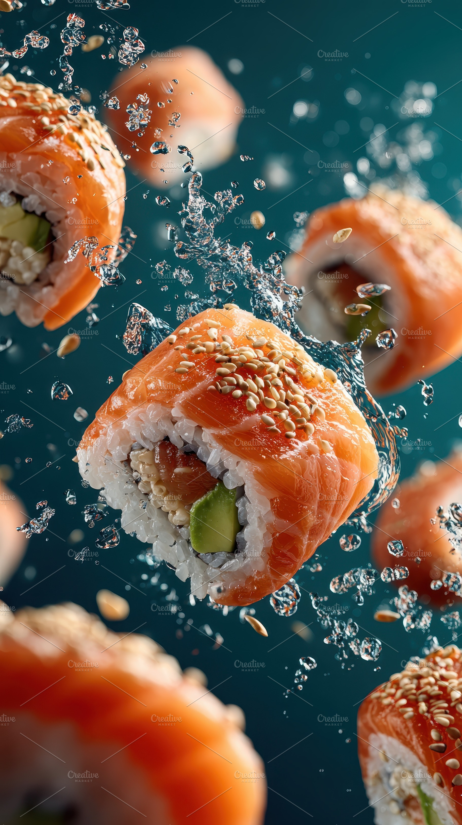 Delicious Salmon Sushi Rolls Splashi, a Photo by Pixeness Studio