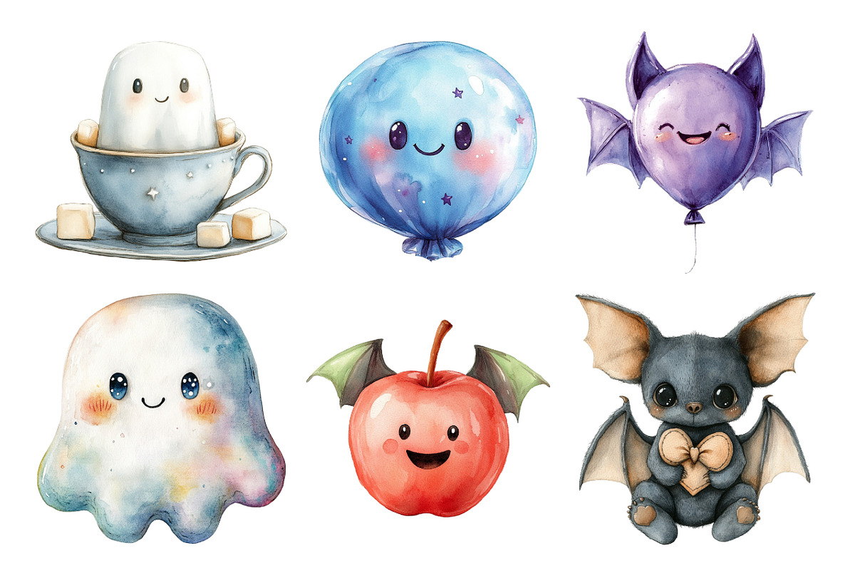 Watercolor Kawaii Halloween Clipart, an Illustration by Daily.Designs (Photo 5 of 5)