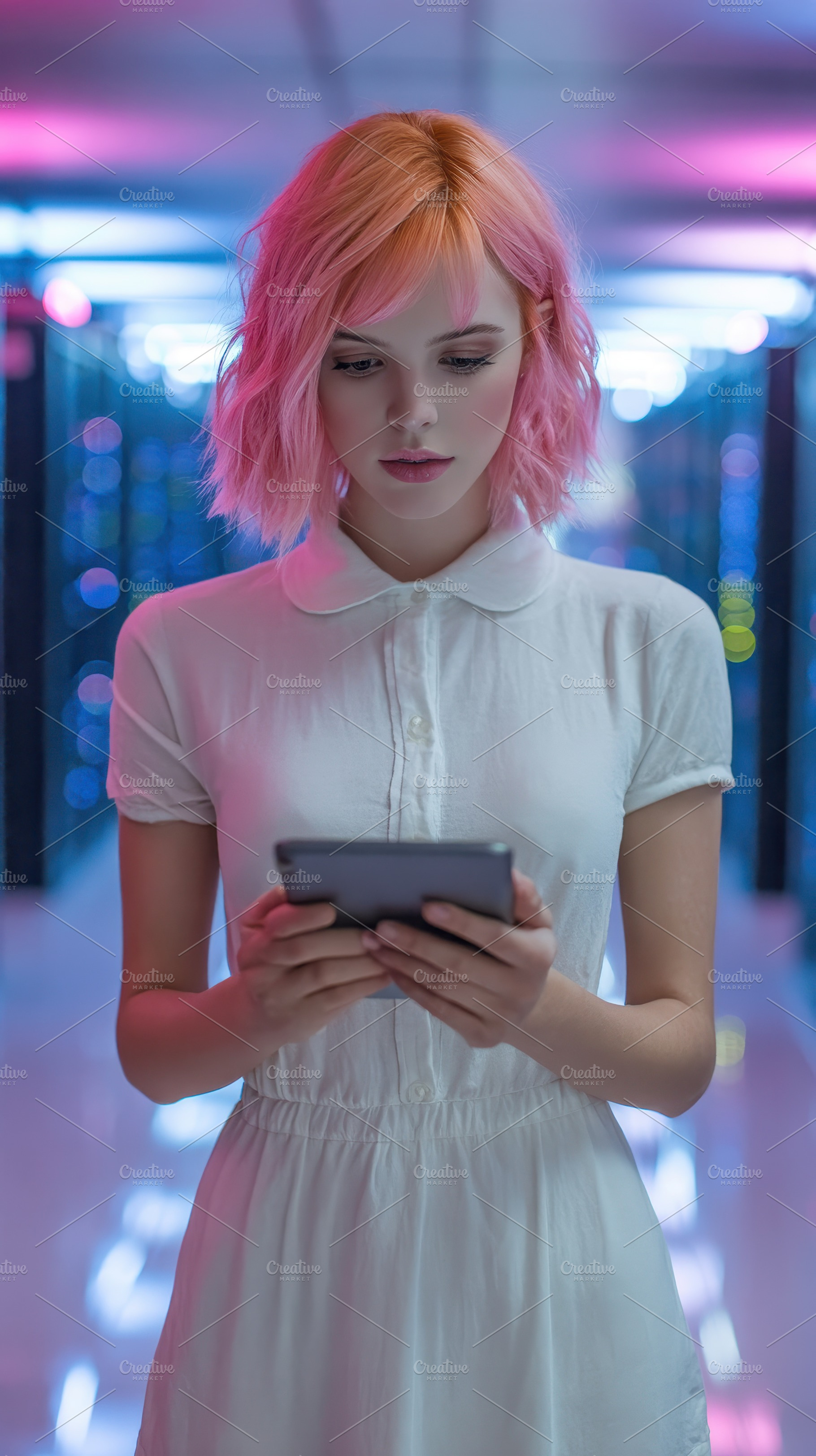 Young woman with pink hair using tab, a Photo by Pixeness Studio