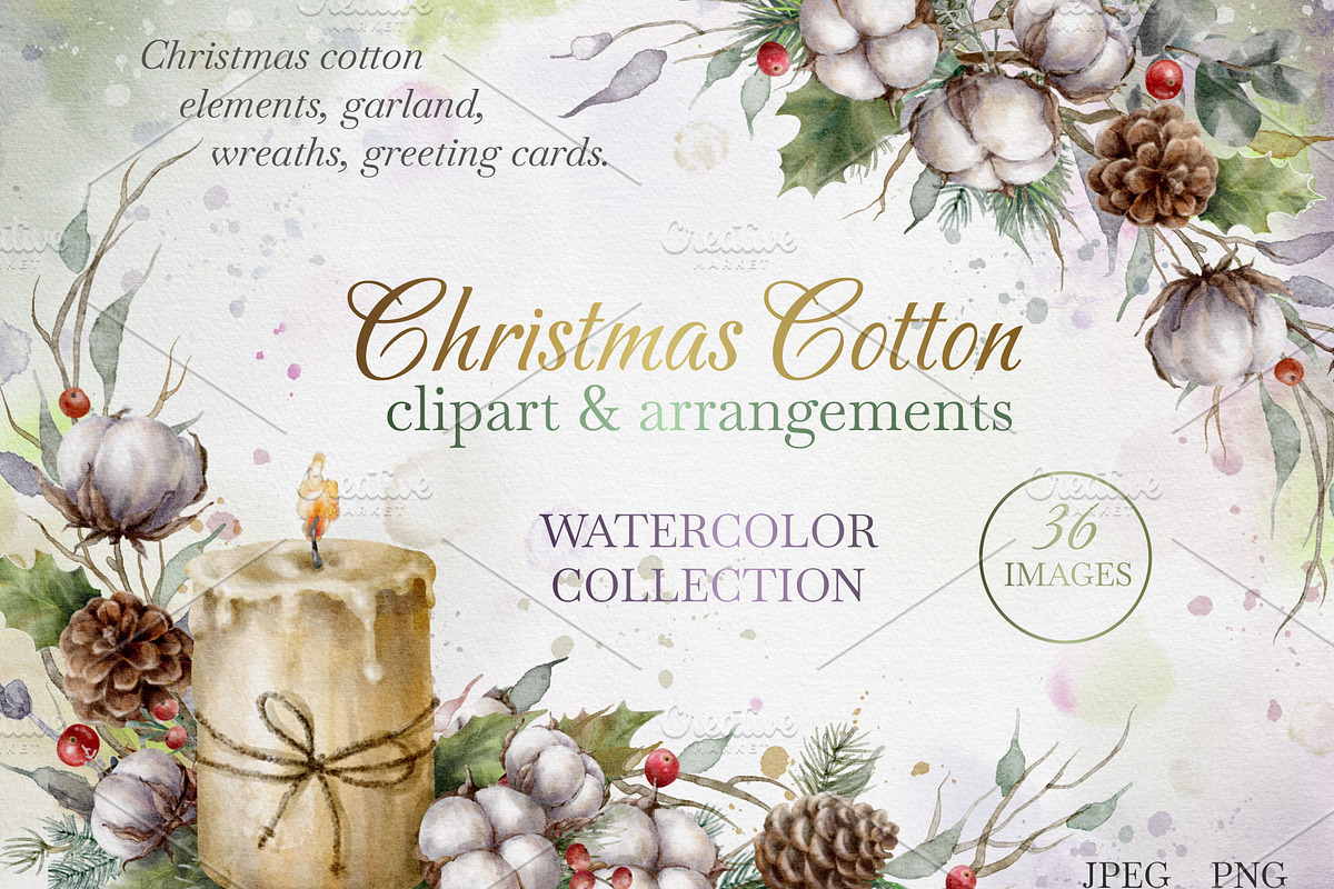Christmas Cotton Watercolor Clipart., a Decorative Illustration by VetaDesign (Photo 1 of 7)