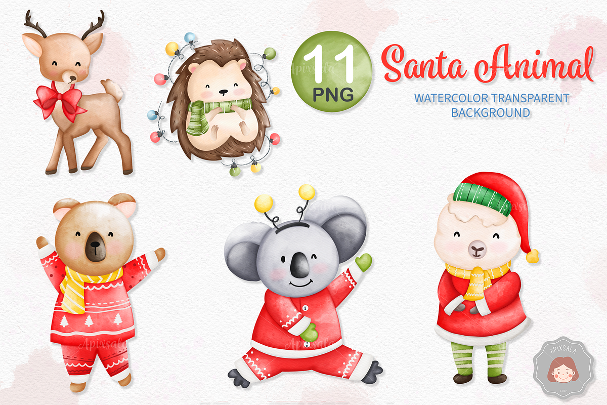 Watercolor Christmas Santa Animals, an Animal Illustration by Apixsala (Photo 7 of 18)