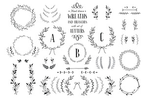 Hand Drawn Wreaths And Branches.