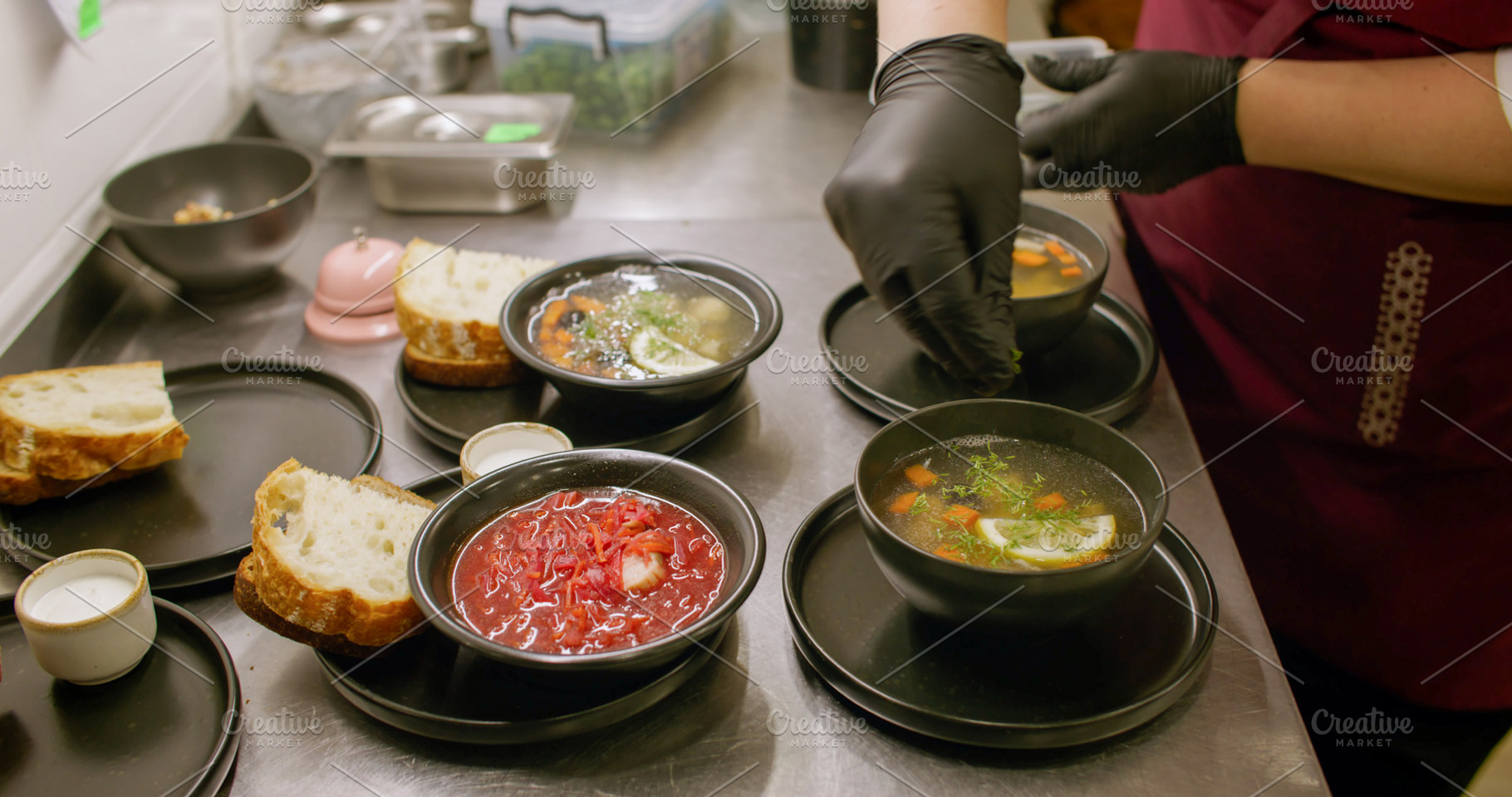 Serving meal kitchen process greens hot soup chef, a Food & Drink Photo by Photo Drive Studio
