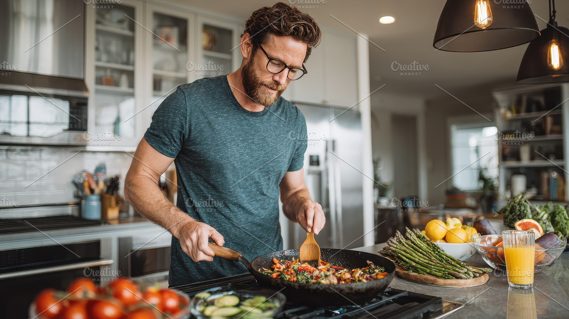 Man cooking healthy vegetable stir f, a Photo by Pixeness Studio