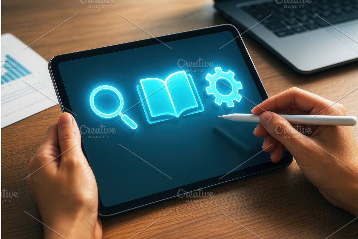 Hands interacting with a digital, an Education Illustration by Sergey Kotenev
