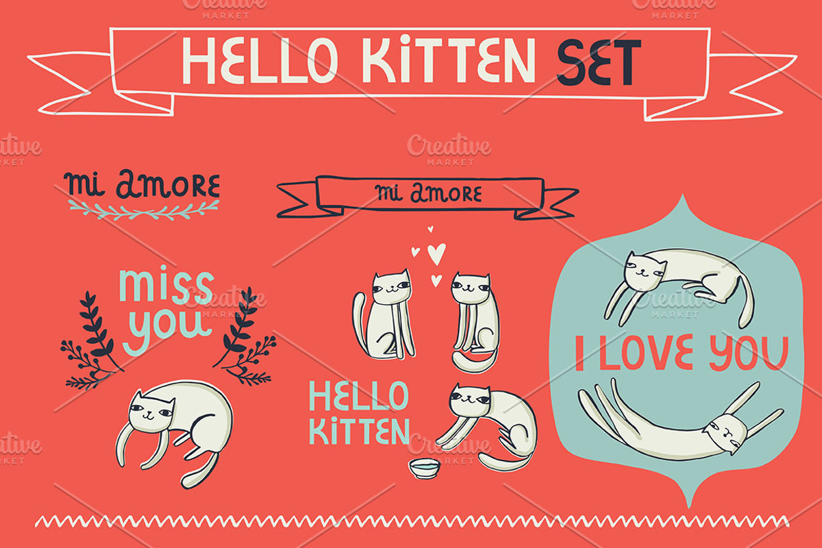 Hello kitten set, an Animal Illustration by totokumi