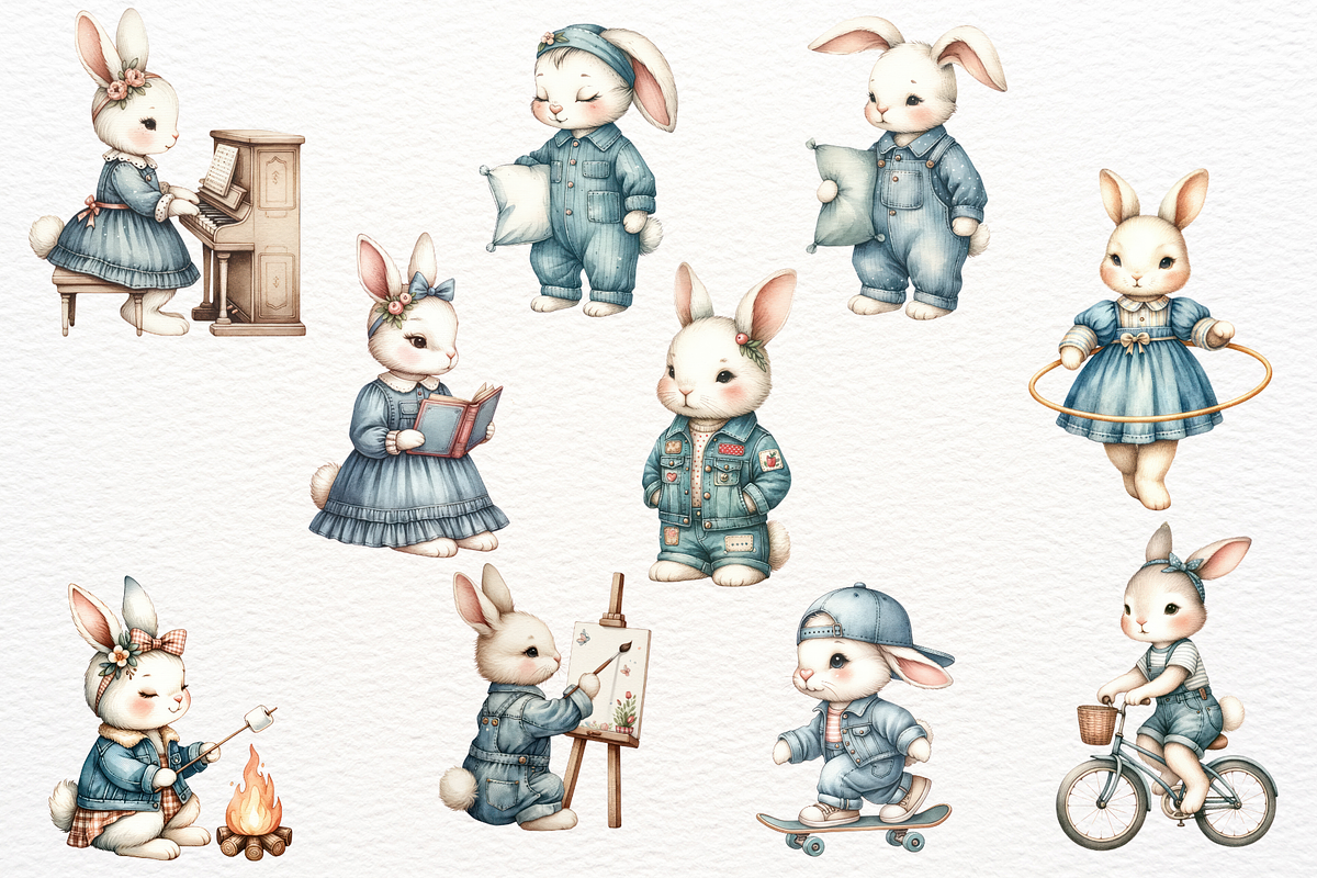 Watercolor Denim Bunny Clipart PNG, an Animal Illustration by Maysa Art (Photo 3 of 4)